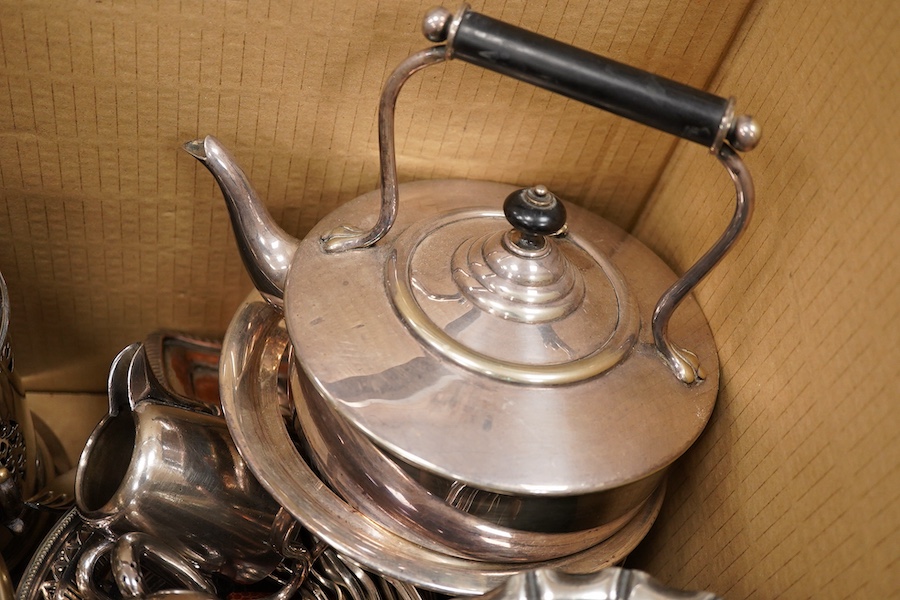 A collection of electroplate including a meat dome- 31cm wide, a kettle on stand, a pair of candle sticks etc